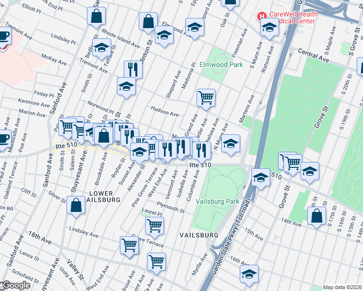 map of restaurants, bars, coffee shops, grocery stores, and more near 21 Cedar Avenue in Newark