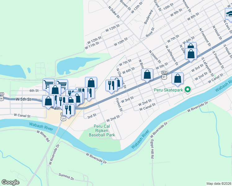 map of restaurants, bars, coffee shops, grocery stores, and more near 627-649 West Main Street in Peru