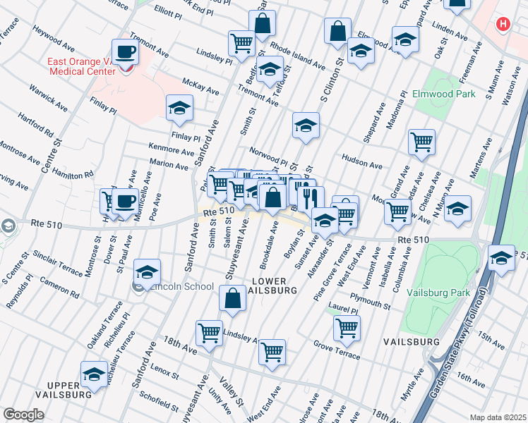 map of restaurants, bars, coffee shops, grocery stores, and more near S Orange Ave & Norwood St in Newark