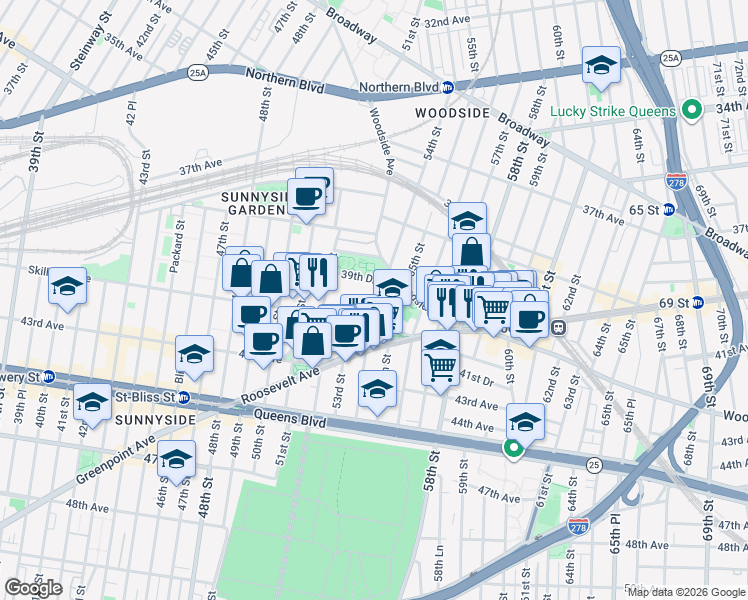 map of restaurants, bars, coffee shops, grocery stores, and more near 7 54th Street in Queens