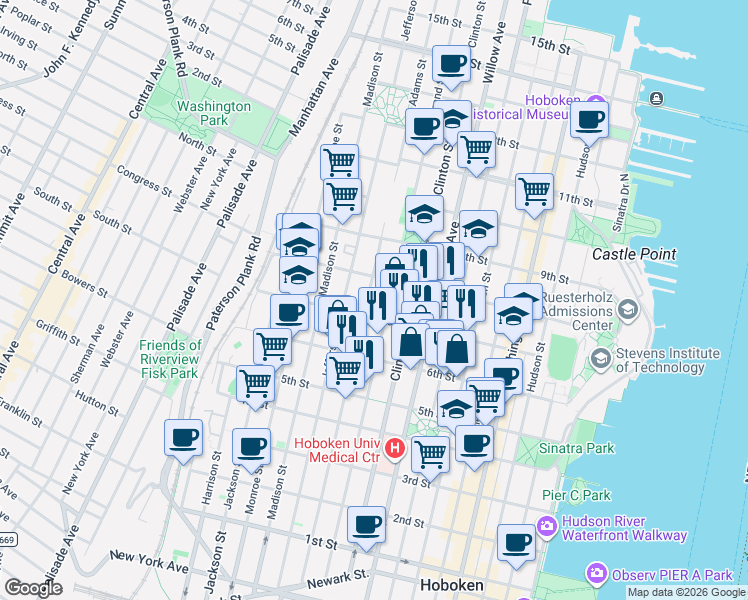 map of restaurants, bars, coffee shops, grocery stores, and more near 701 Grand Street in Hoboken