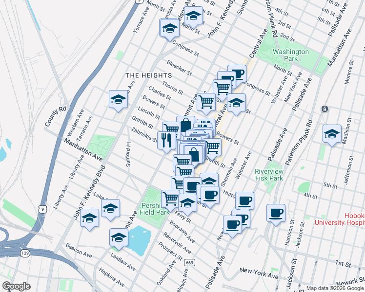 map of restaurants, bars, coffee shops, grocery stores, and more near 20 Zabriskie Street in Jersey City