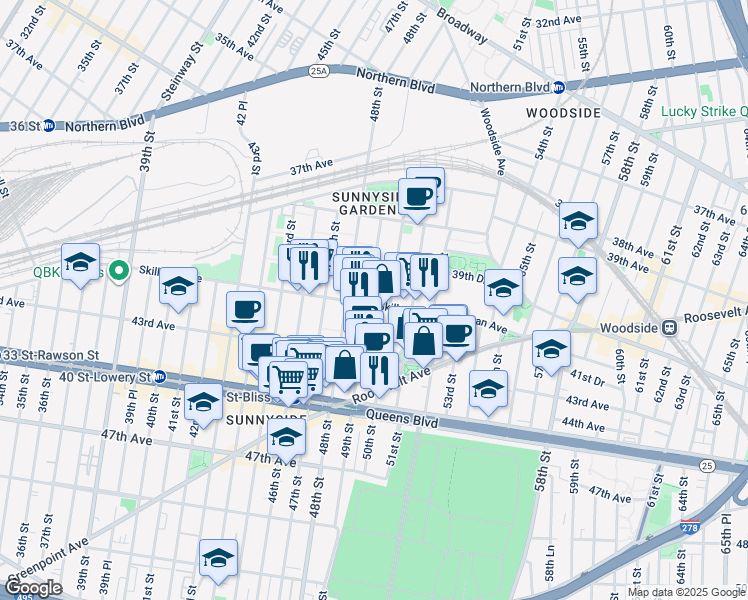 map of restaurants, bars, coffee shops, grocery stores, and more near 49-15 Skillman Avenue in Queens