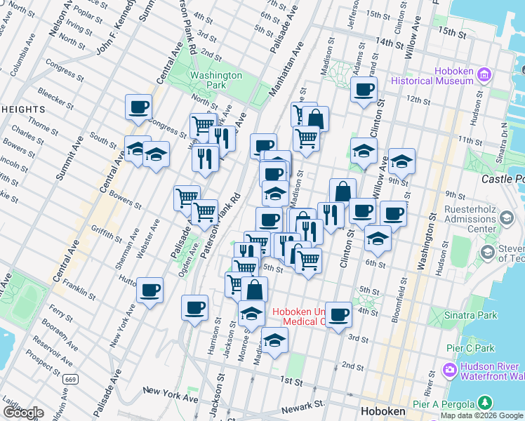 map of restaurants, bars, coffee shops, grocery stores, and more near 775 Jackson Street in Hoboken