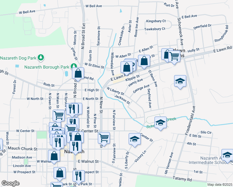 map of restaurants, bars, coffee shops, grocery stores, and more near 247 North Liberty Street in Nazareth