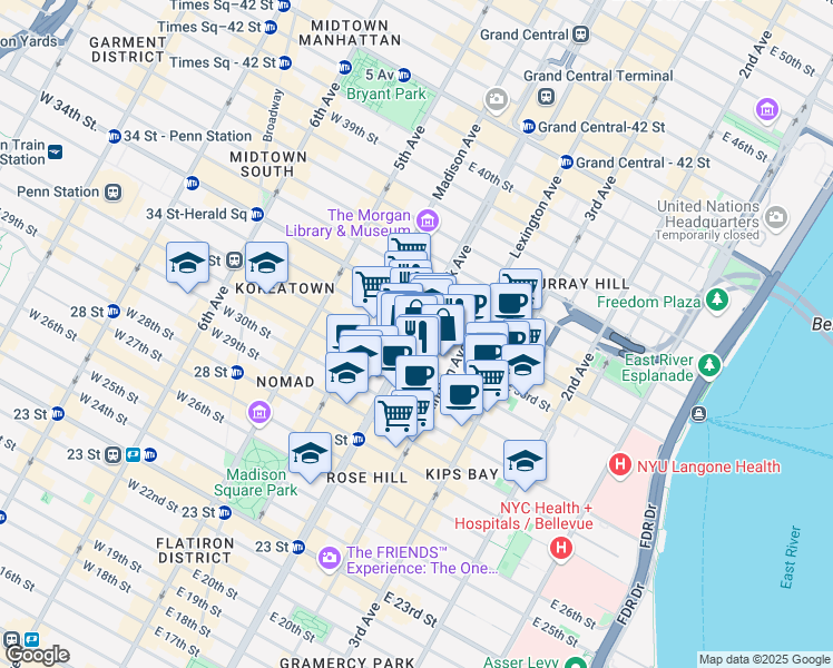 map of restaurants, bars, coffee shops, grocery stores, and more near 4 Park Avenue in New York