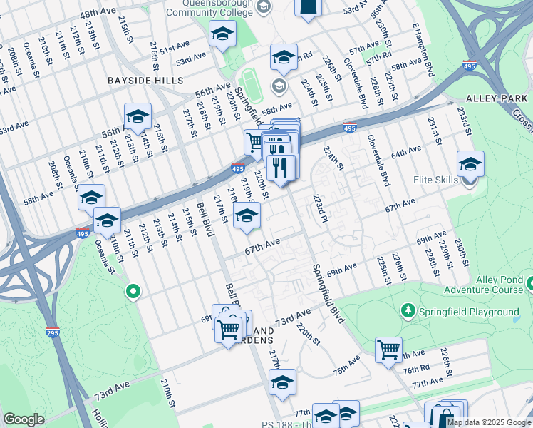 map of restaurants, bars, coffee shops, grocery stores, and more near 219-41 67th Avenue in Queens