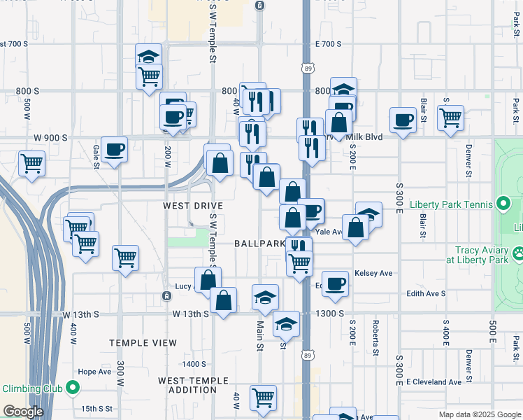 map of restaurants, bars, coffee shops, grocery stores, and more near 1045 South Main Street in Salt Lake City