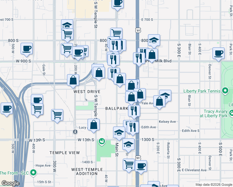 map of restaurants, bars, coffee shops, grocery stores, and more near 1045 South Main Street in Salt Lake City
