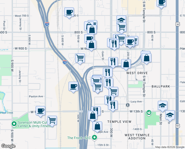 map of restaurants, bars, coffee shops, grocery stores, and more near 1030 400 West in Salt Lake City