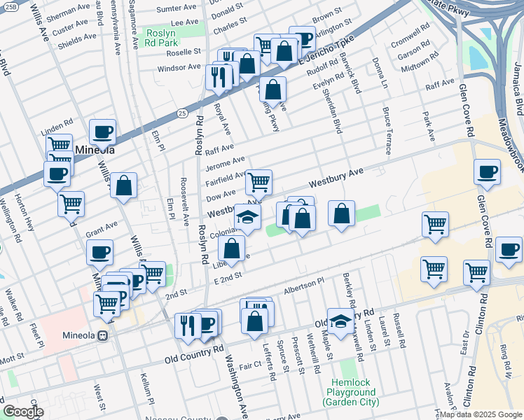 map of restaurants, bars, coffee shops, grocery stores, and more near 88 Colonial Avenue in Mineola