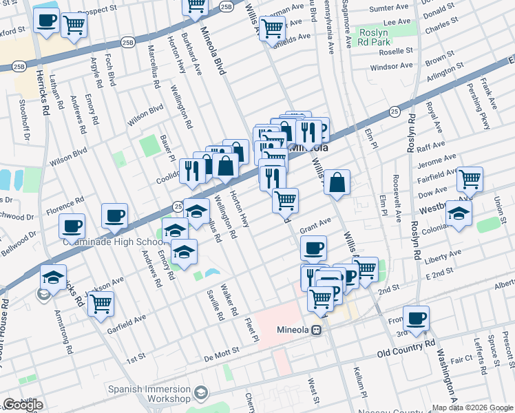 map of restaurants, bars, coffee shops, grocery stores, and more near 230 Jackson Avenue in Mineola