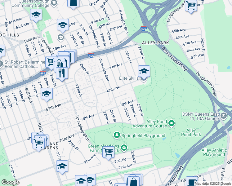 map of restaurants, bars, coffee shops, grocery stores, and more near 67-27 Cloverdale Boulevard in Queens