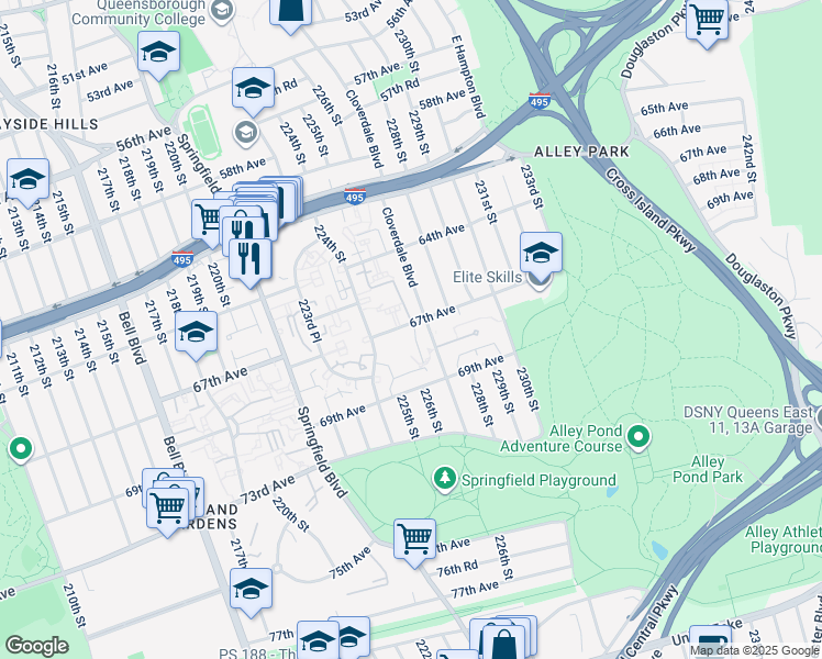 map of restaurants, bars, coffee shops, grocery stores, and more near 224-18 67th Avenue in Queens