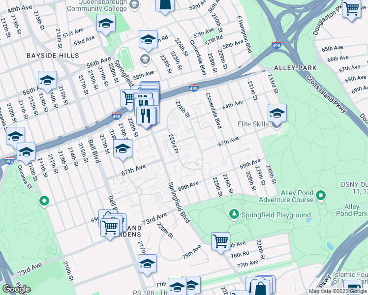 map of restaurants, bars, coffee shops, grocery stores, and more near 6524 223rd Place in Queens