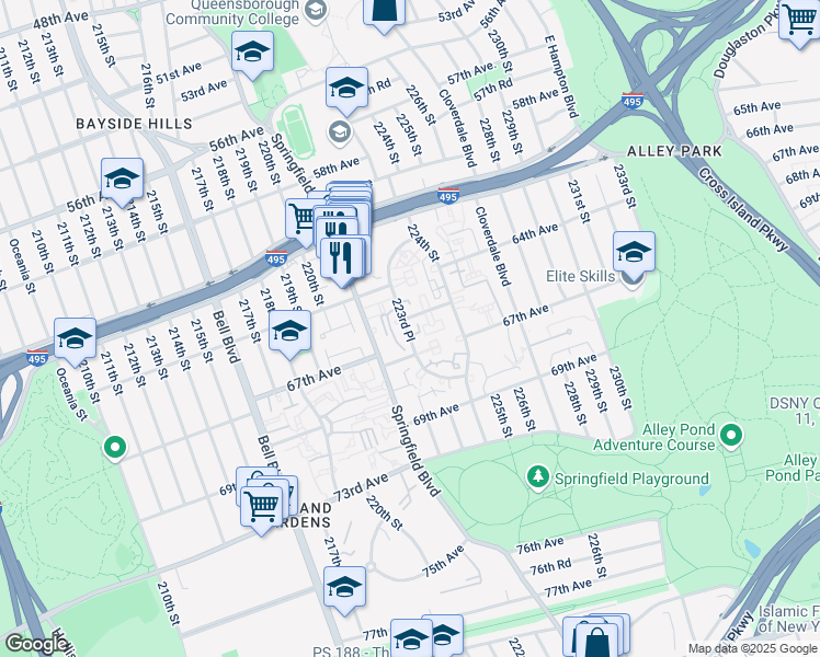 map of restaurants, bars, coffee shops, grocery stores, and more near 6524 223rd Place in Queens