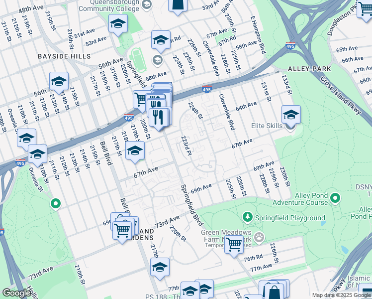 map of restaurants, bars, coffee shops, grocery stores, and more near 6524 223rd Place in Queens