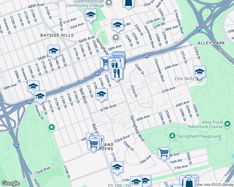 map of restaurants, bars, coffee shops, grocery stores, and more near 219-41 67th Avenue in Queens
