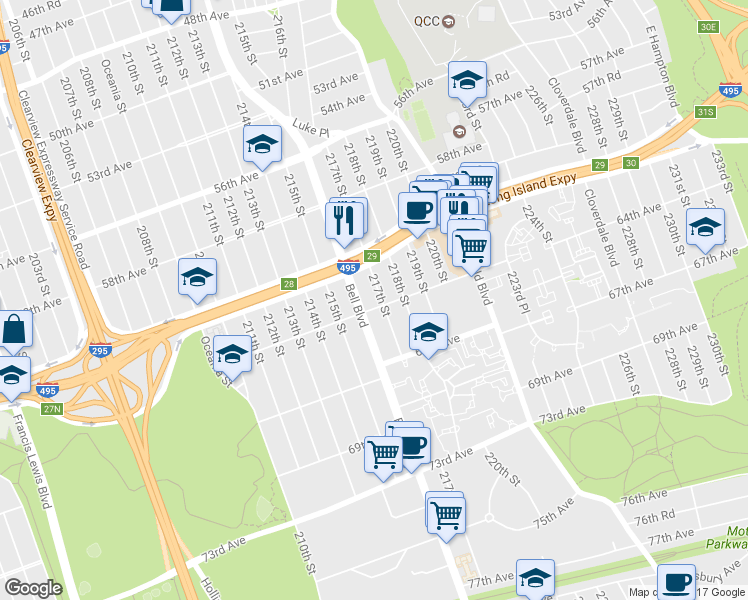 map of restaurants, bars, coffee shops, grocery stores, and more near 217-04 64th Avenue in Queens