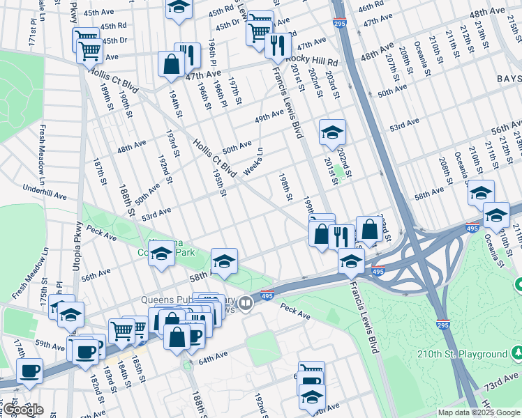 map of restaurants, bars, coffee shops, grocery stores, and more near 196-03 56th Avenue in Queens