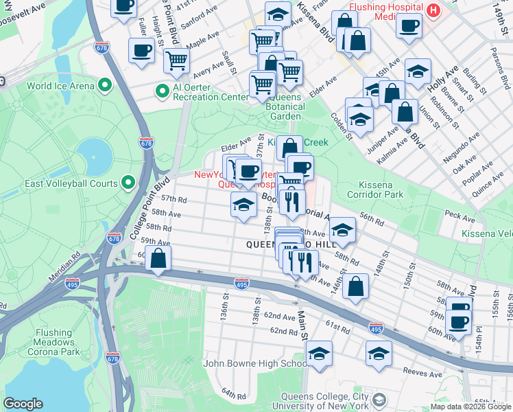 map of restaurants, bars, coffee shops, grocery stores, and more near 136-16 57th Road in Queens