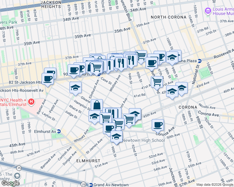 map of restaurants, bars, coffee shops, grocery stores, and more near 41-41 Denman Street in Queens