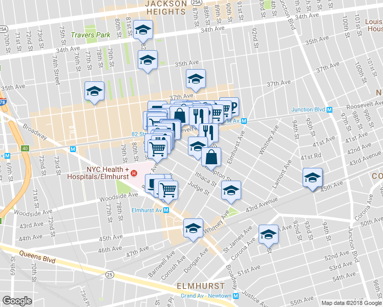 map of restaurants, bars, coffee shops, grocery stores, and more near 40-56 Hampton Street in Queens
