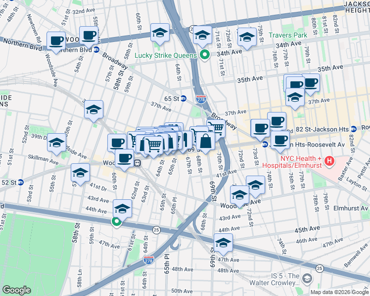 map of restaurants, bars, coffee shops, grocery stores, and more near in Queens
