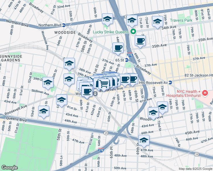 map of restaurants, bars, coffee shops, grocery stores, and more near 6319 Roosevelt Avenue in Queens