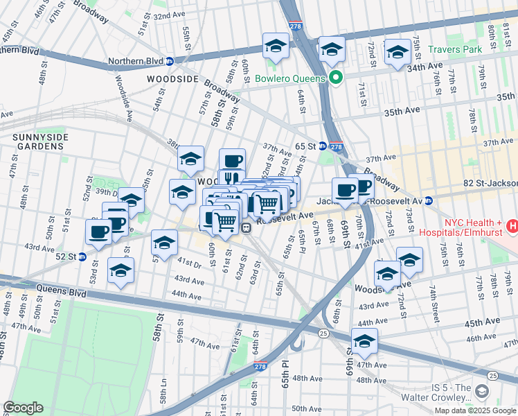 map of restaurants, bars, coffee shops, grocery stores, and more near in Queens