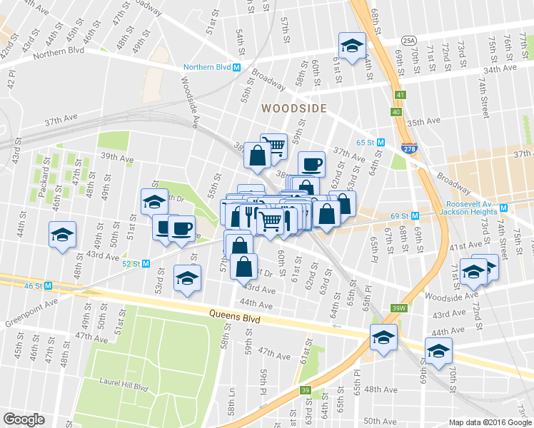 map of restaurants, bars, coffee shops, grocery stores, and more near 39-57 59th Street in Queens