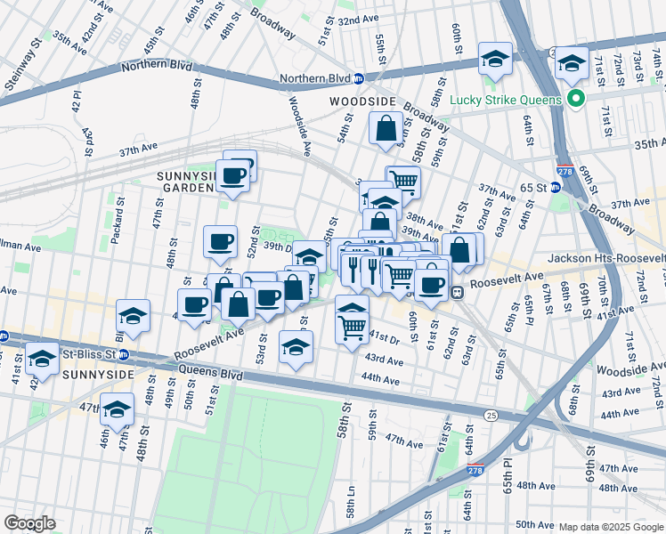 map of restaurants, bars, coffee shops, grocery stores, and more near 40-03 56th Street in Queens