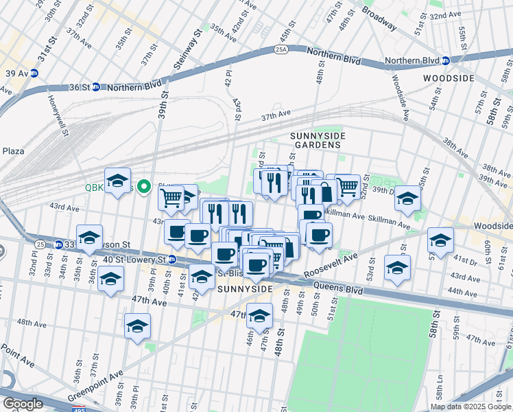 map of restaurants, bars, coffee shops, grocery stores, and more near 4120 46th Street in Queens