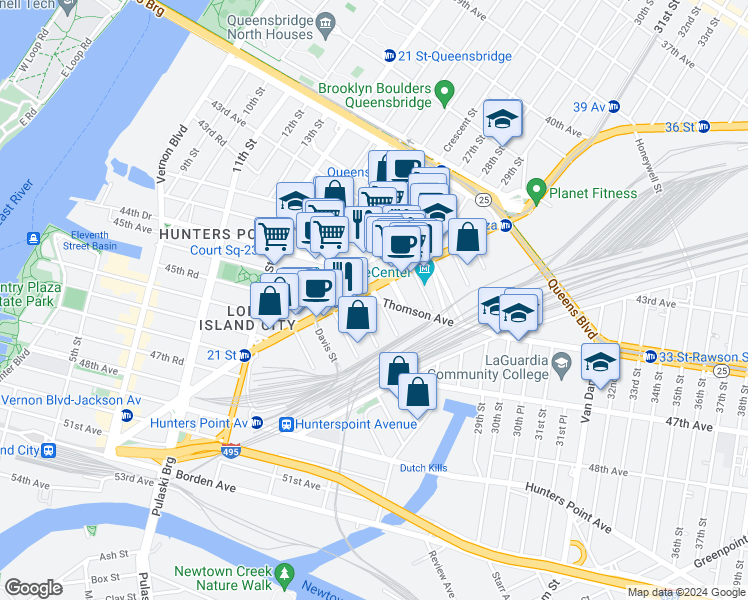 map of restaurants, bars, coffee shops, grocery stores, and more near in Queens