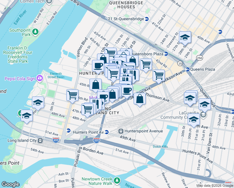 map of restaurants, bars, coffee shops, grocery stores, and more near 21-21 46th Avenue in Queens