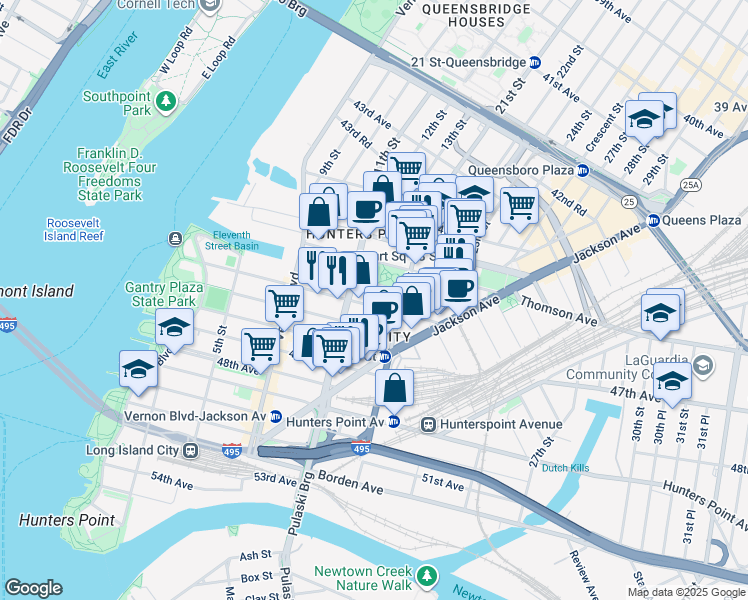 map of restaurants, bars, coffee shops, grocery stores, and more near 19 21st Street in Queens