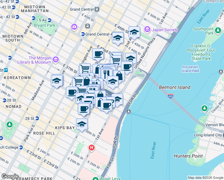 map of restaurants, bars, coffee shops, grocery stores, and more near Queens Midtown Tunnel in New York