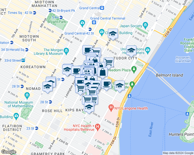 map of restaurants, bars, coffee shops, grocery stores, and more near 214 East 35th Street in New York