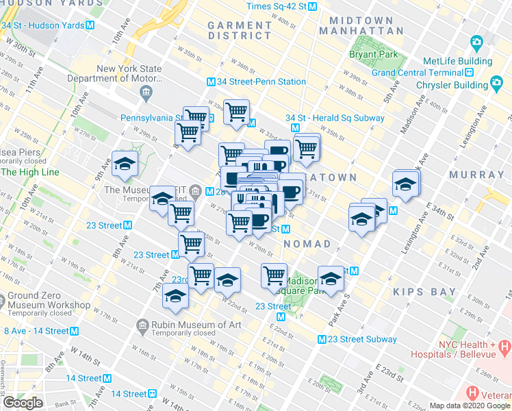 map of restaurants, bars, coffee shops, grocery stores, and more near in New York