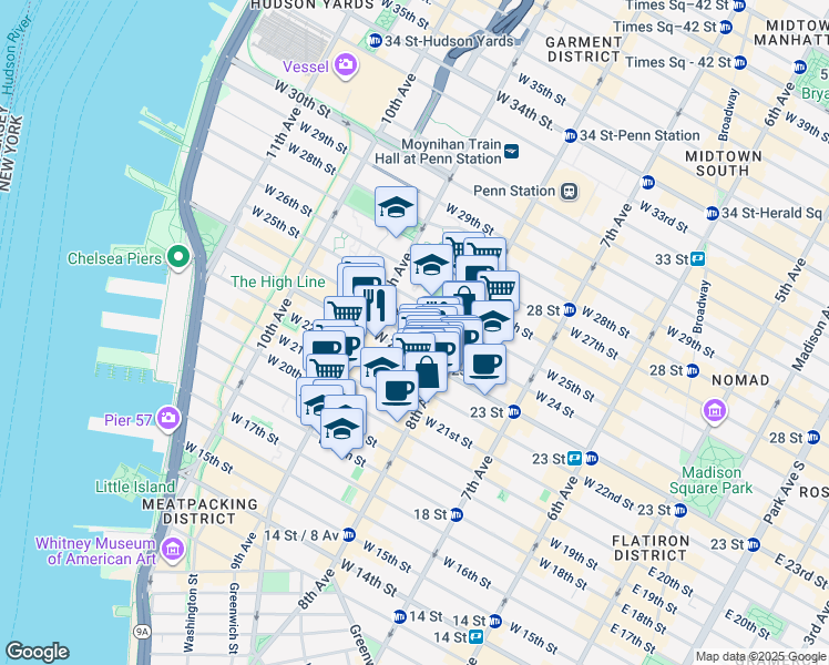 map of restaurants, bars, coffee shops, grocery stores, and more near 338 1/2 West 23rd Street in New York