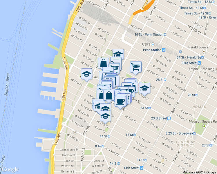 map of restaurants, bars, coffee shops, grocery stores, and more near in New York