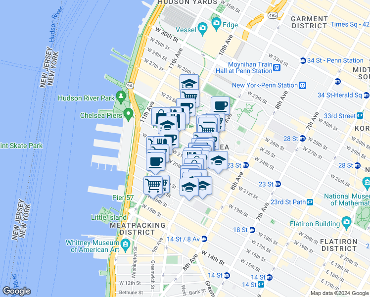 map of restaurants, bars, coffee shops, grocery stores, and more near 445 West 21st Street in New York