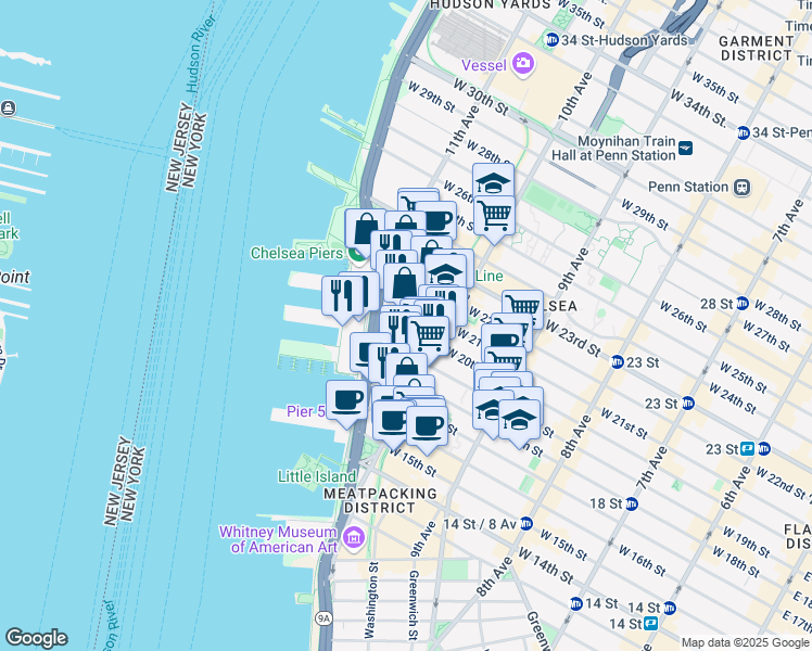 map of restaurants, bars, coffee shops, grocery stores, and more near 521 West 19th Street in New York