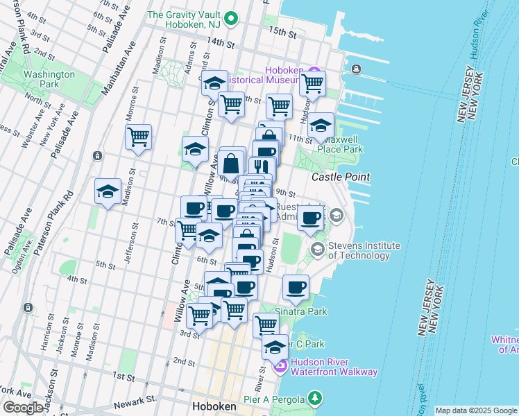 map of restaurants, bars, coffee shops, grocery stores, and more near 799 Washington Street in Hoboken