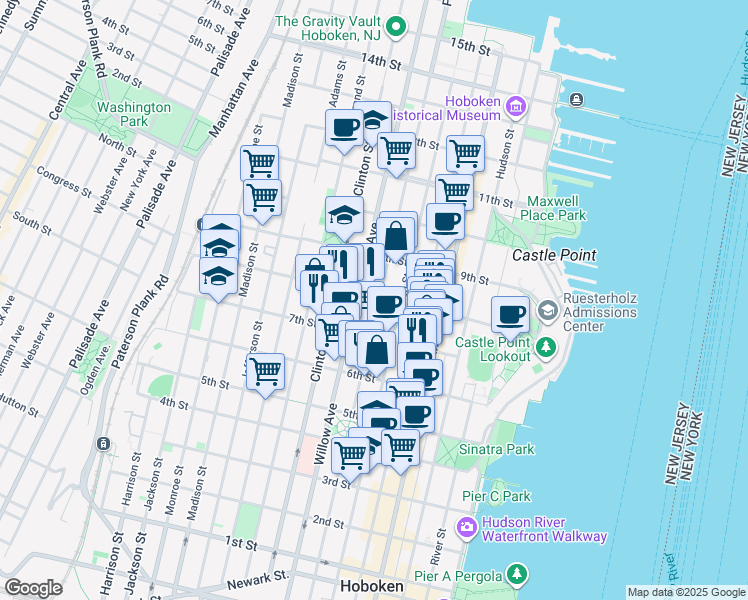 map of restaurants, bars, coffee shops, grocery stores, and more near 727 Park Avenue in Hoboken