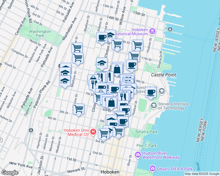 map of restaurants, bars, coffee shops, grocery stores, and more near 727 Park Avenue in Hoboken