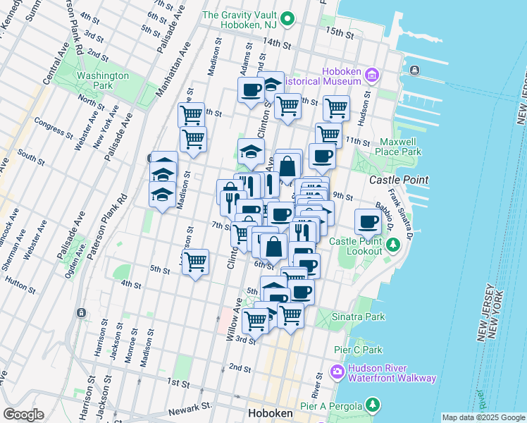 map of restaurants, bars, coffee shops, grocery stores, and more near 727 Park Avenue in Hoboken