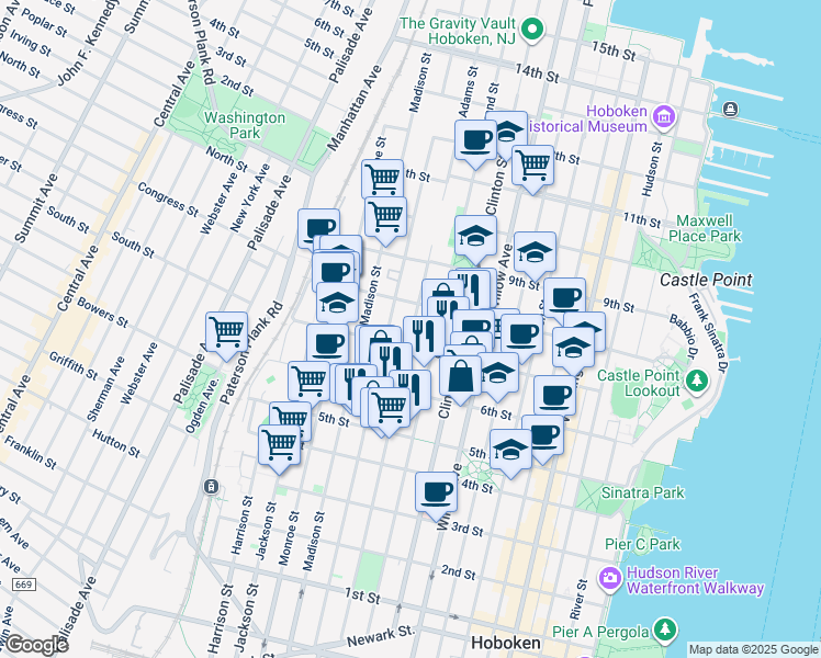 map of restaurants, bars, coffee shops, grocery stores, and more near 711 Adams Street in Hoboken