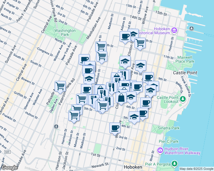 map of restaurants, bars, coffee shops, grocery stores, and more near 711 Adams Street in Hoboken