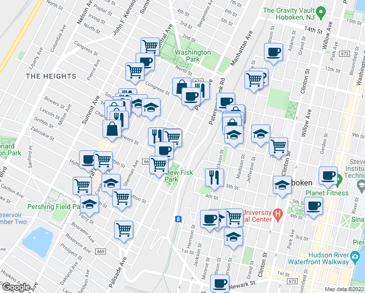 map of restaurants, bars, coffee shops, grocery stores, and more near in Jersey City